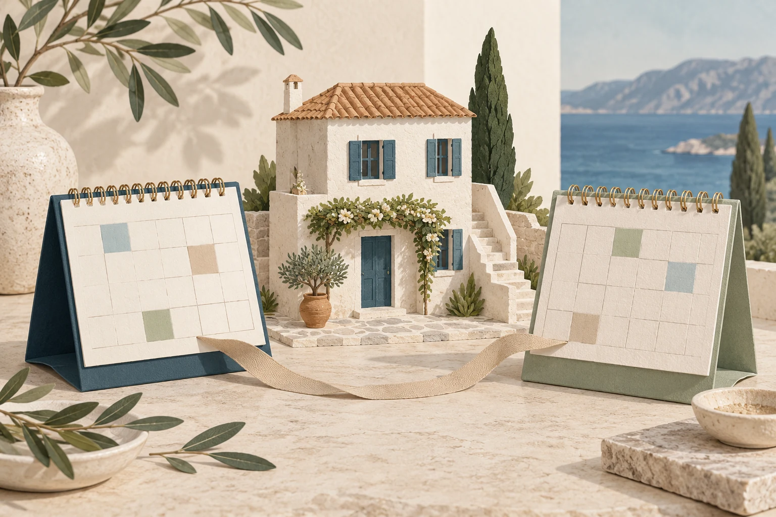 Illustration : calendriers sans texte disposés autour d’une maison aux volets pétrole