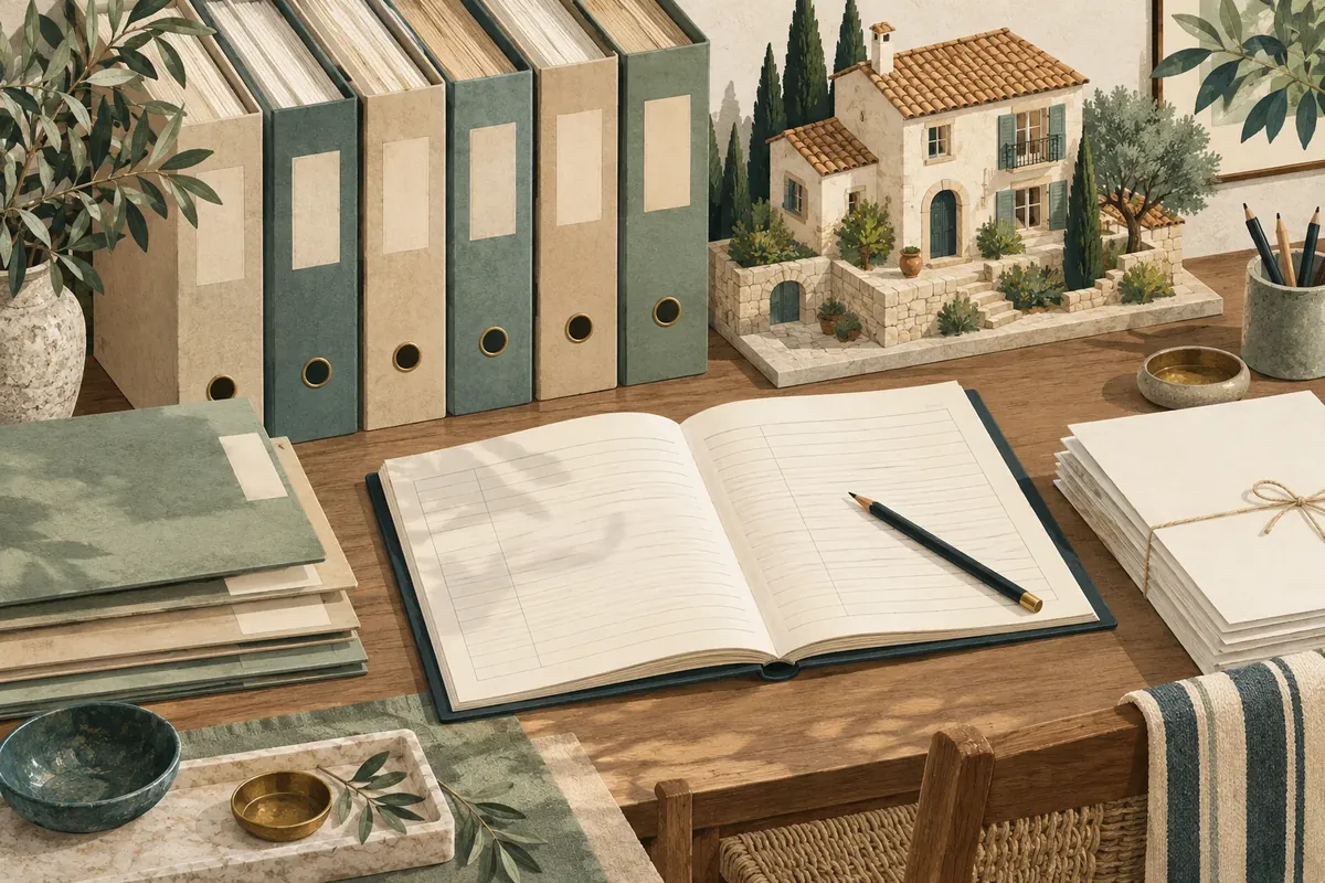 Illustration : archives rangées, registre et crayon pour le suivi locatif