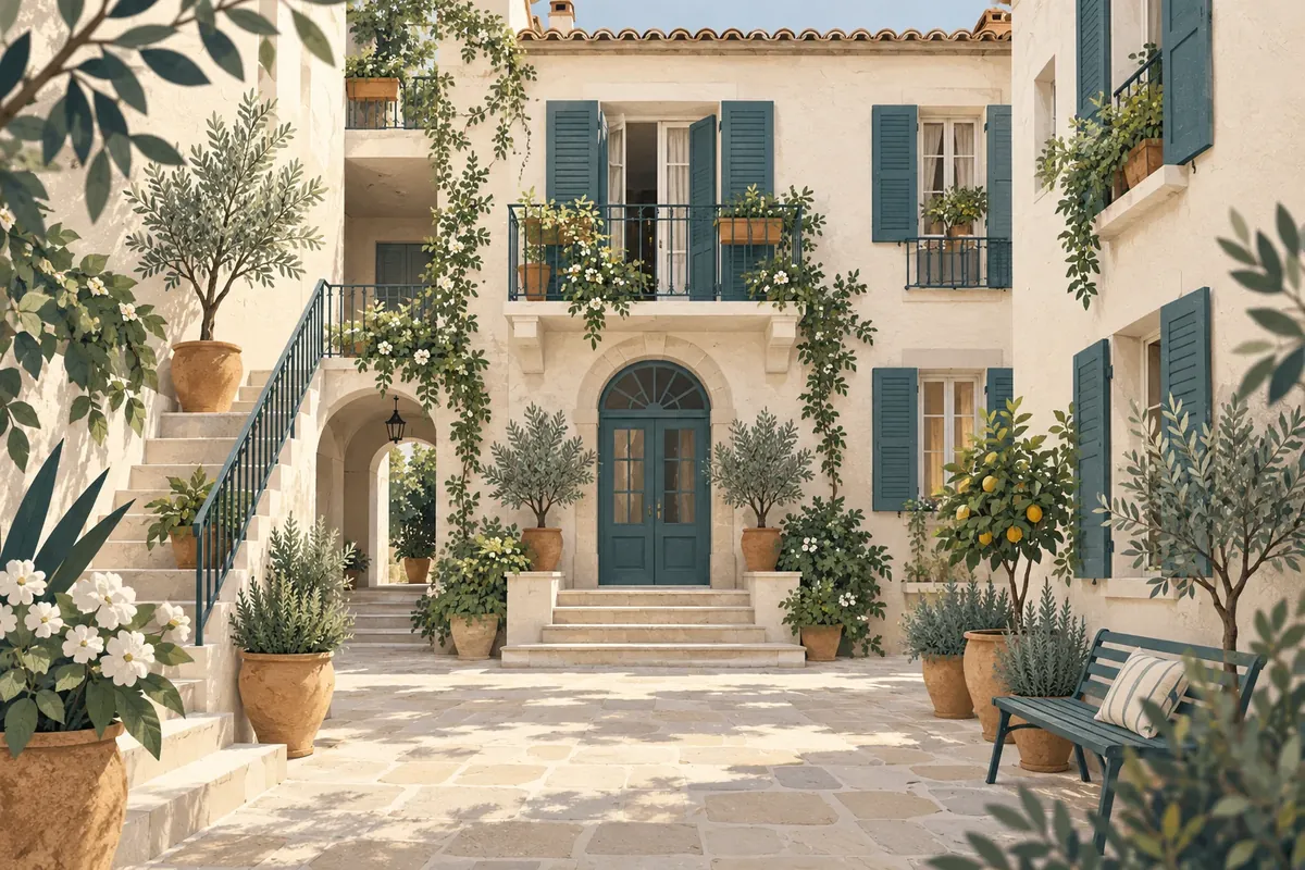 Illustration : immeuble méditerranéen et cour d’entrée commune