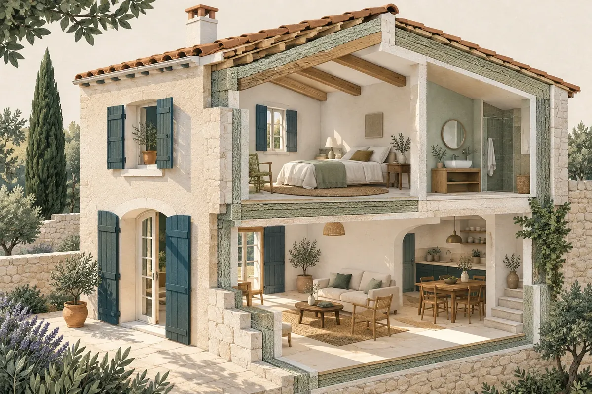 Illustration : maison en coupe montrant les parois, fenêtres et isolation