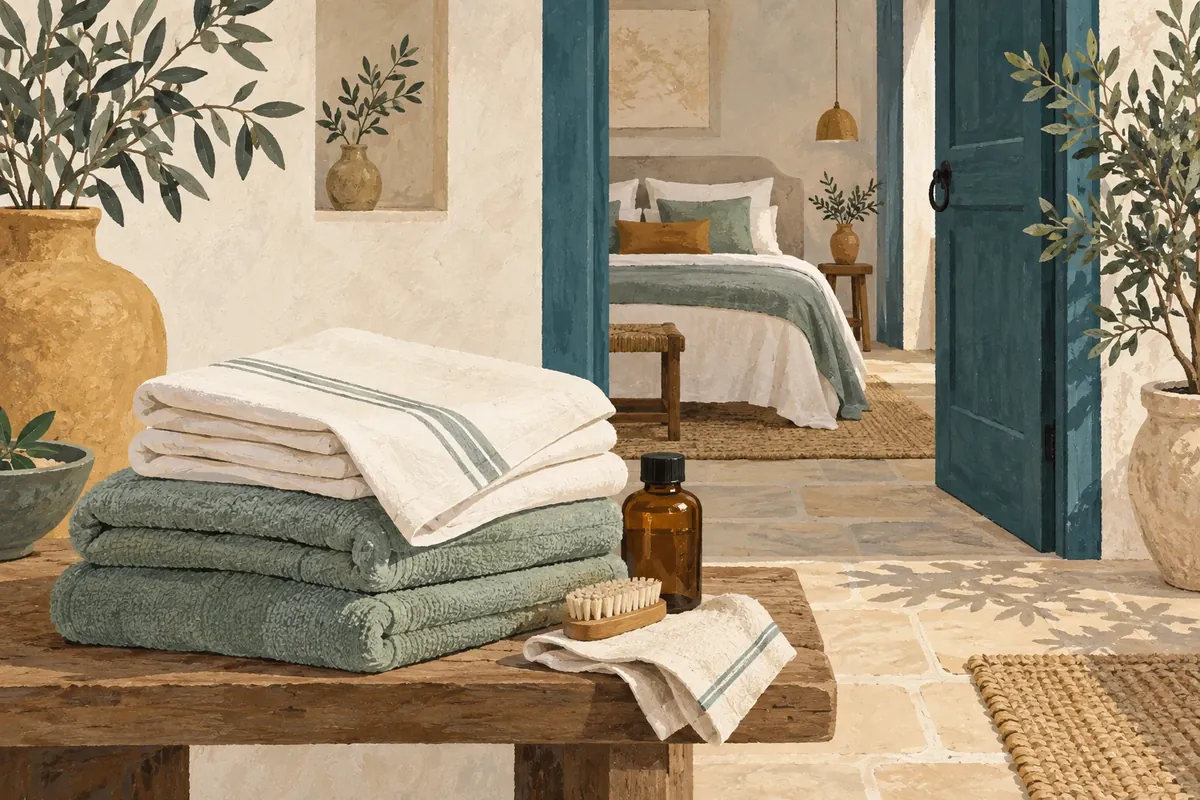 Illustration : linge plié et matériel de ménage devant une chambre