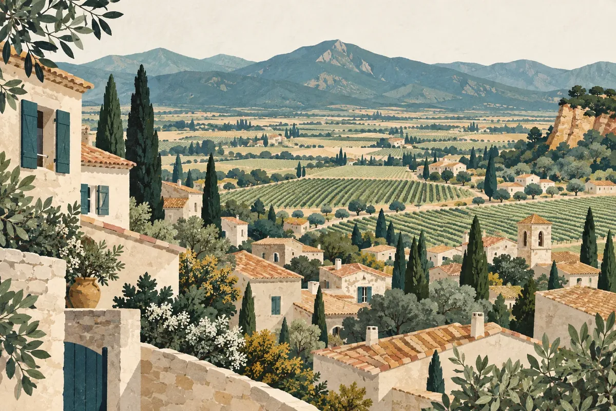 Illustration : toits de village, vignes et reliefs du Roussillon au loin