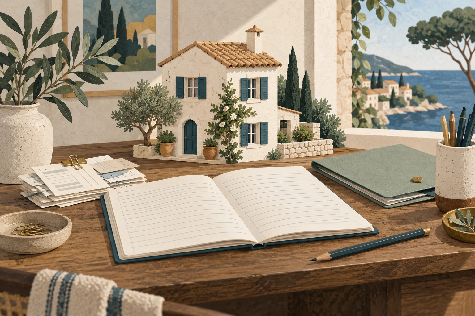 Illustration : maison miniature, registre et factures rangés sur un bureau