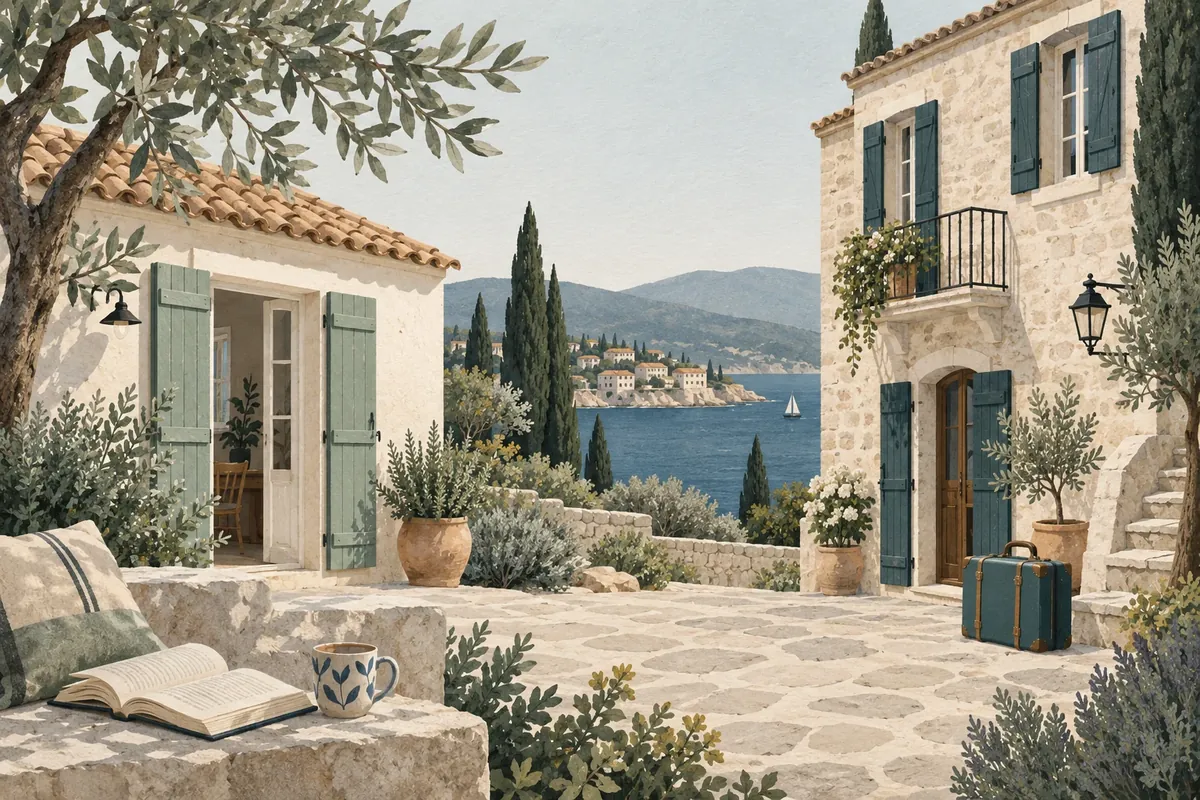 Illustration : deux maisons, affaires personnelles et valise de voyage