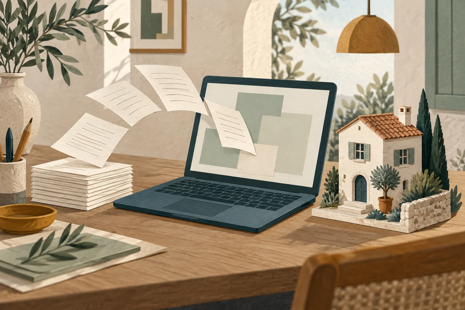 Illustration : documents de logement, ordinateur et maison miniature