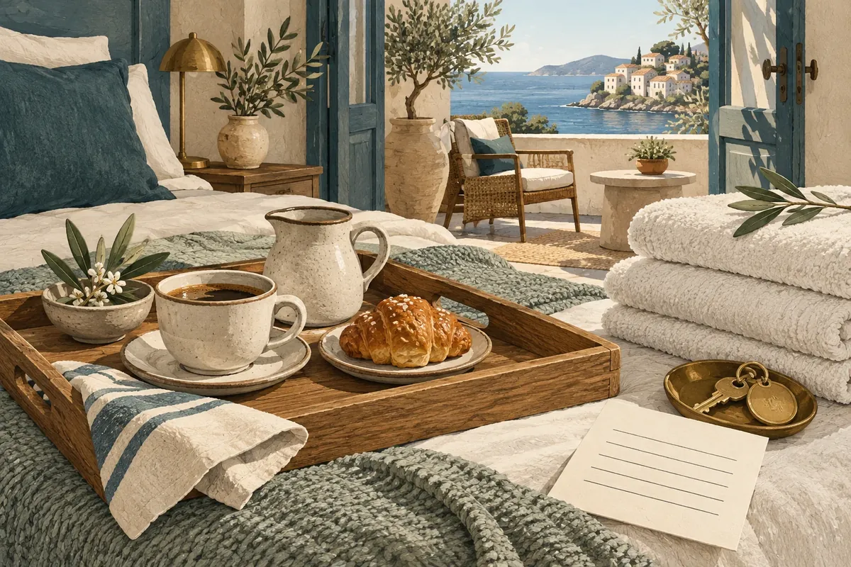 Illustration : petit-déjeuner, linge de maison, clés et reçu de séjour