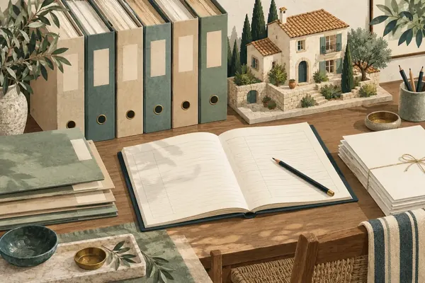 Illustration : archives rangées, registre et crayon pour le suivi locatif