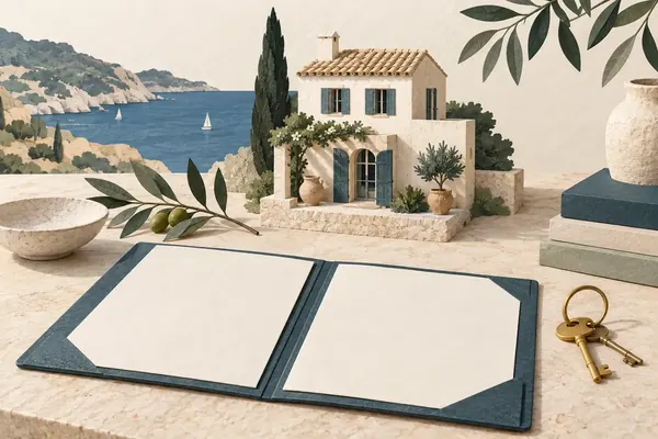 Illustration : contrat ouvert, clés et maison méditerranéenne miniature sur un bureau