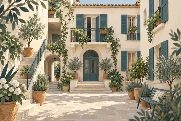 Illustration : immeuble méditerranéen et cour d’entrée commune