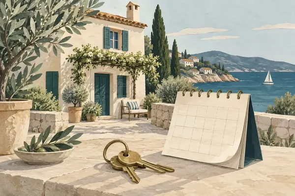 Illustration : maison méditerranéenne, calendrier sans dates et trousseau de clés