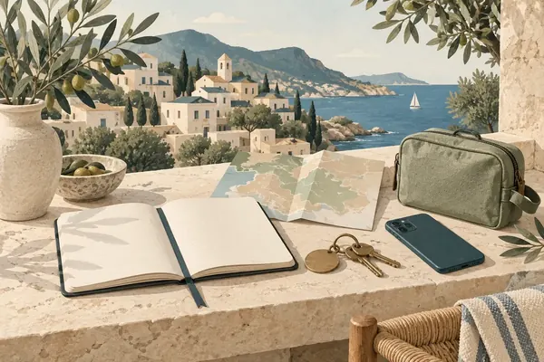 Illustration : clés, carnet et trousse d’outils devant un village méditerranéen