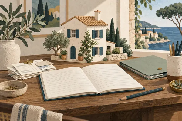 Illustration : maison miniature, registre et factures rangés sur un bureau