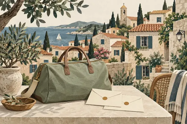 Illustration : maisons de village, bagage et documents administratifs