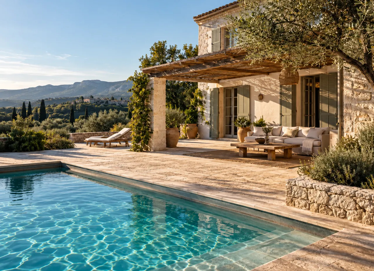 Visuel d’ambiance : maison méditerranéenne en pierre avec pergola et piscine face aux collines