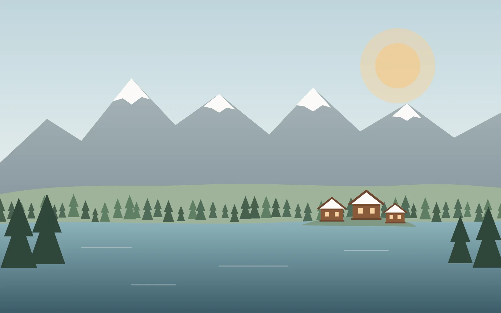 Illustration de montagne : sommets enneigés, forêt de pins, chalets et lac d’altitude