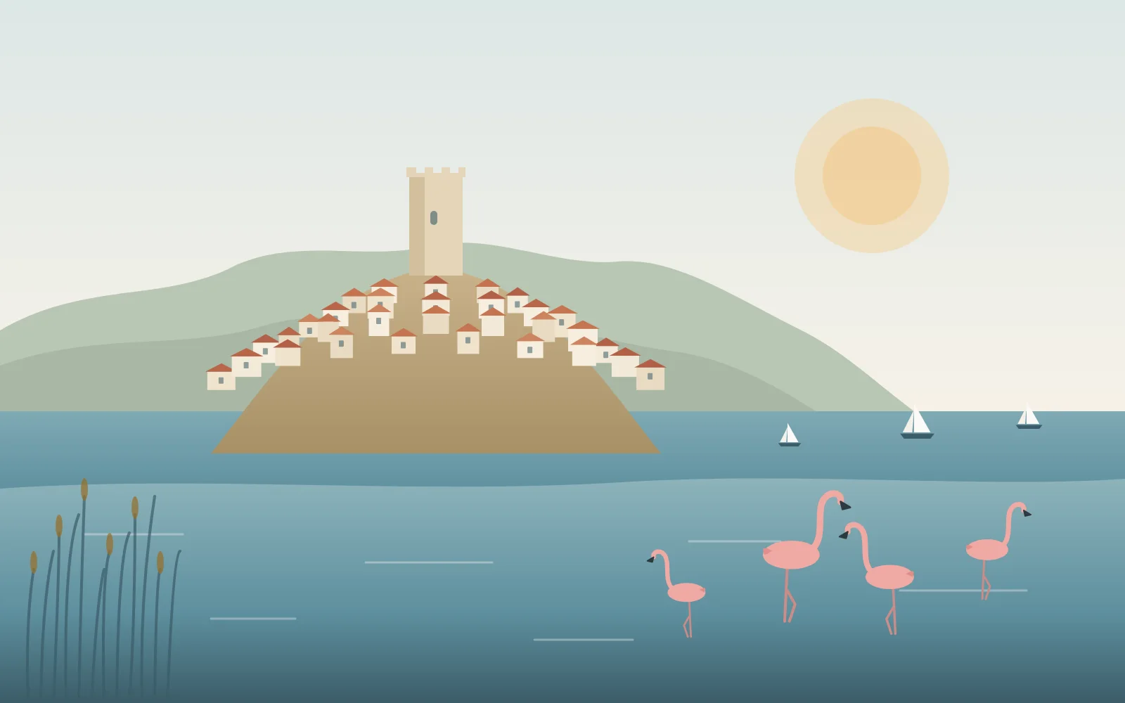 Illustration de Gruissan : la tour sur sa butte, le village, l’étang et ses flamants roses