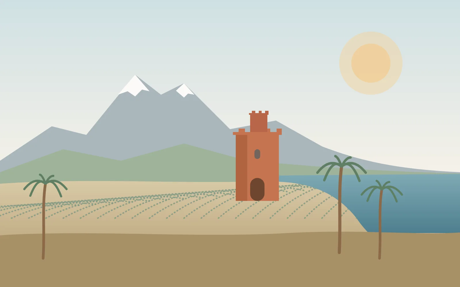 Illustration du Roussillon : le Canigou, une tour de brique, les vignes et la mer
